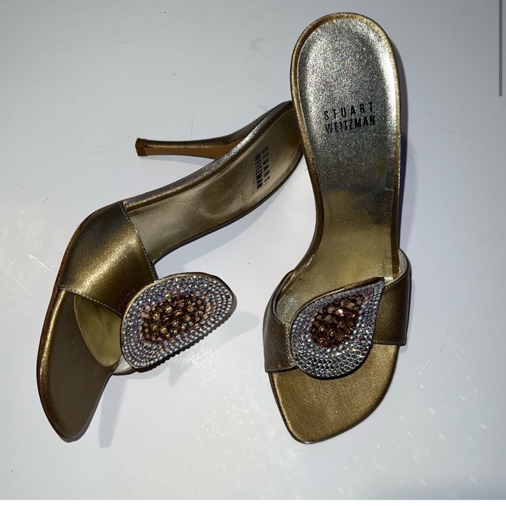 Stuart Weitzman Gold Crystal Teardrop Slide Heels